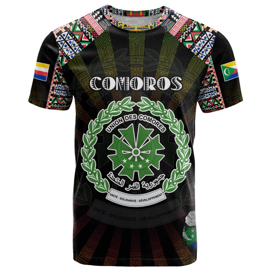 Personalized Comoros Roots T-Shirt African Map in Fingerprint and Tribal Colors Graphic Tee