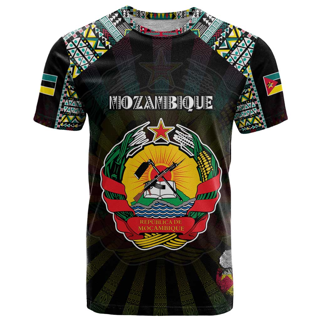 Personalized Mozambique Roots T-Shirt African Map in Fingerprint and Tribal Colors Graphic Tee
