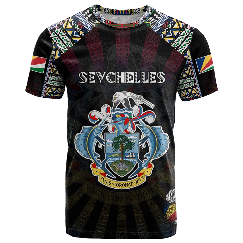 Personalized Seychelles Roots T-Shirt African Map in Fingerprint and Tribal Colors Graphic Tee