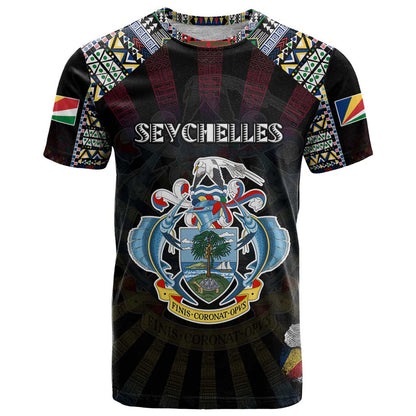 Personalized Seychelles Roots T-Shirt African Map in Fingerprint and Tribal Colors Graphic Tee