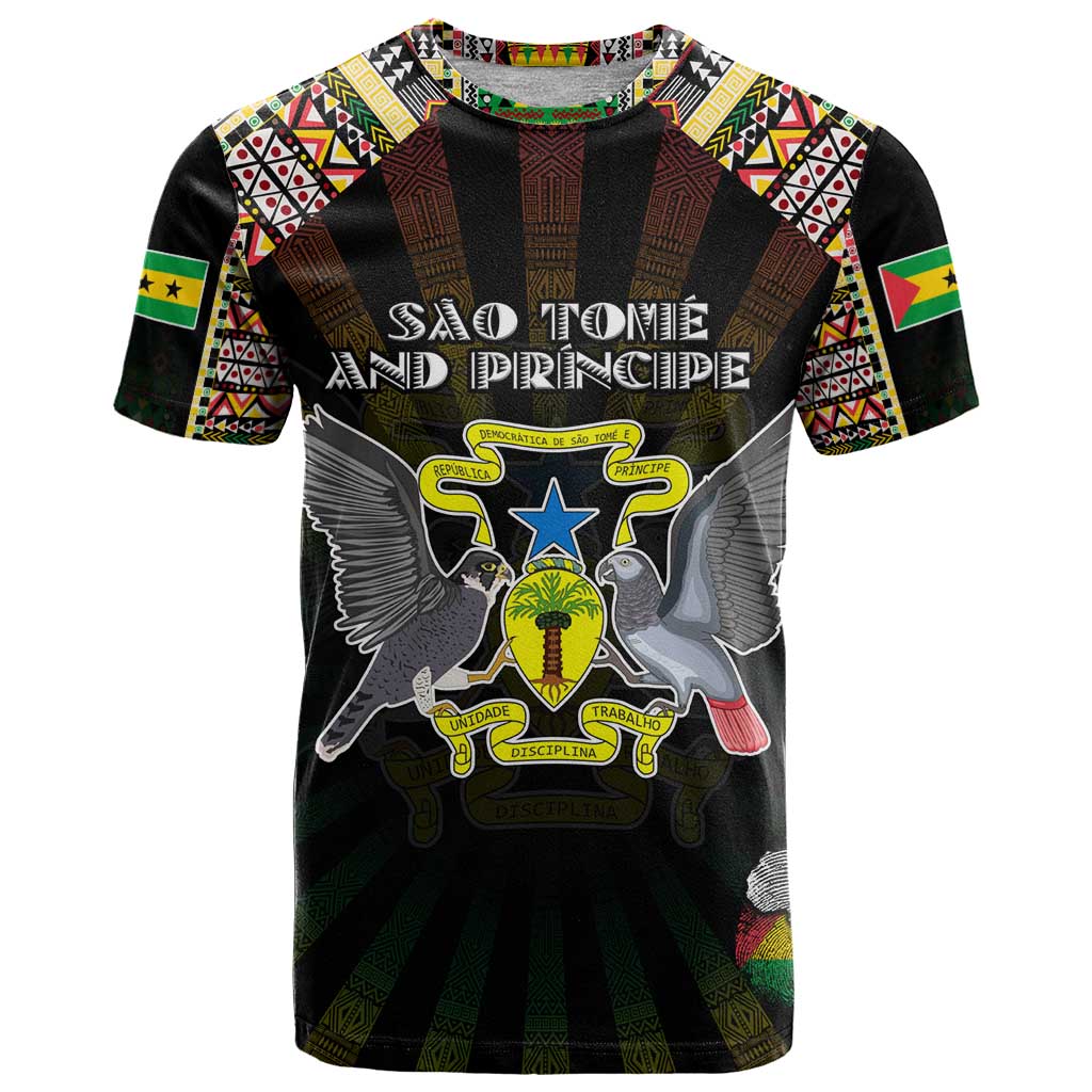 Personalized Sao Tome and Principe Roots T-Shirt African Map in Fingerprint and Tribal Colors Graphic Tee