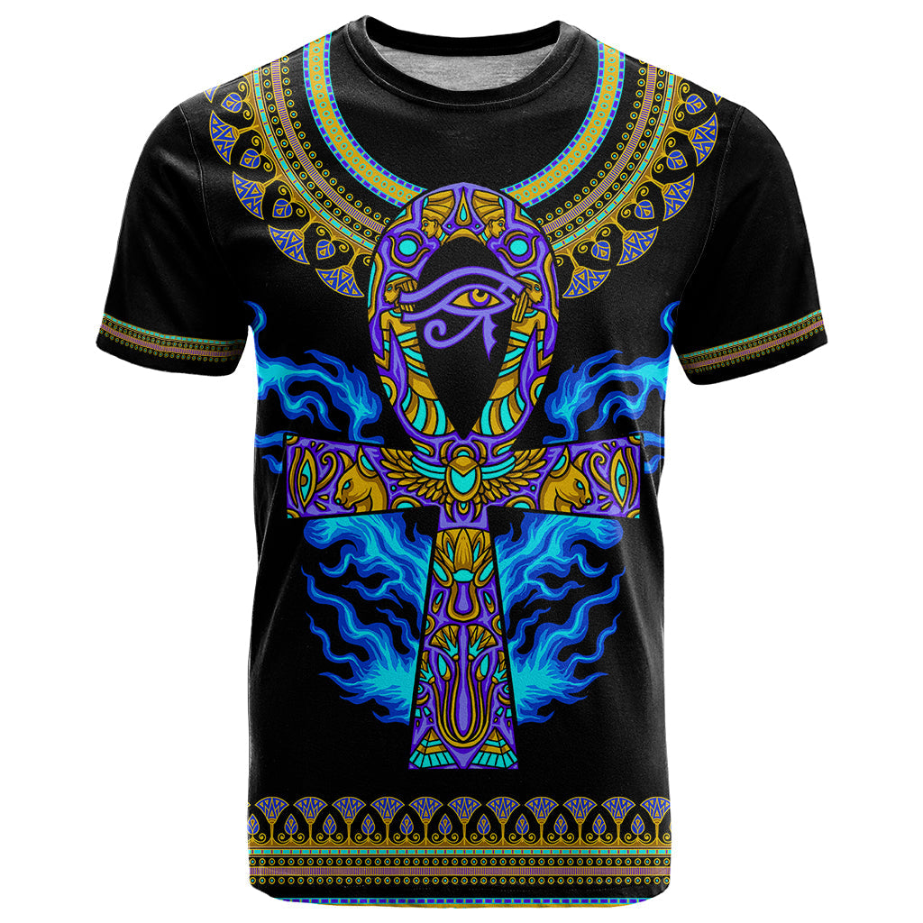 Egyptian Ankh Golden Blue Fire T-Shirt Graphic Tee