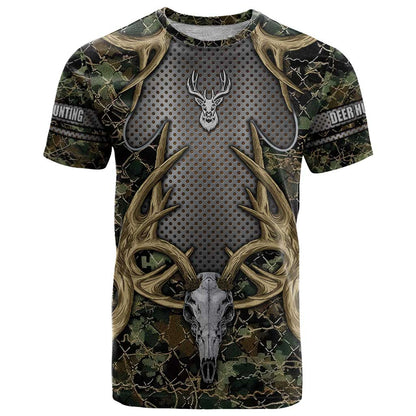 Skull Deer Hunting Camouflage Pattern T-Shirt Rustic Hunting Metal Mesh Background Art Graphic Tee