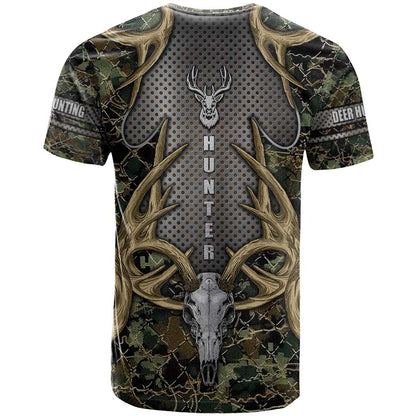 Skull Deer Hunting Camouflage Pattern T-Shirt Rustic Hunting Metal Mesh Background Art Graphic Tee