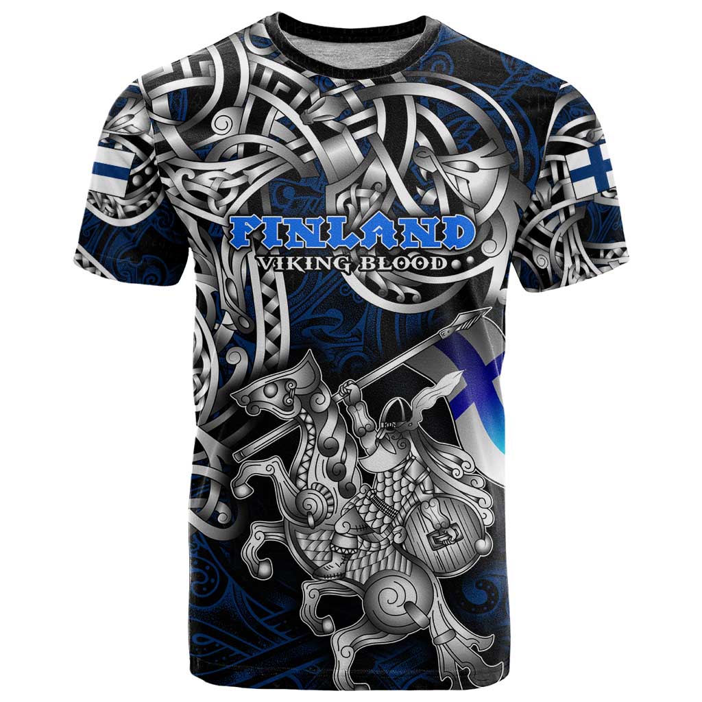 Personalized Finland Viking Blood T-Shirt Nordic Runes and Shield of Ancestry in Tribal Knotwork Graphic Tee