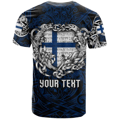 Personalized Finland Viking Blood T-Shirt Nordic Runes and Shield of Ancestry in Tribal Knotwork Graphic Tee