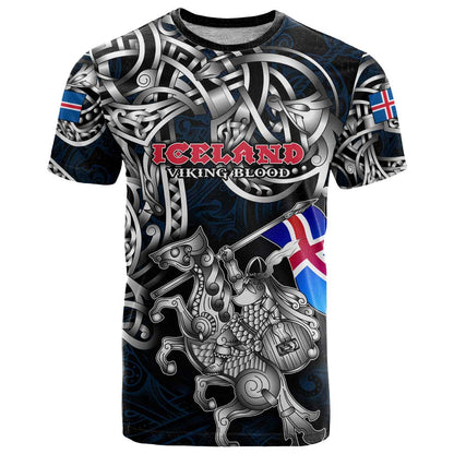 Personalized Iceland Viking Blood T-Shirt Nordic Runes and Shield of Ancestry in Tribal Knotwork Graphic Tee