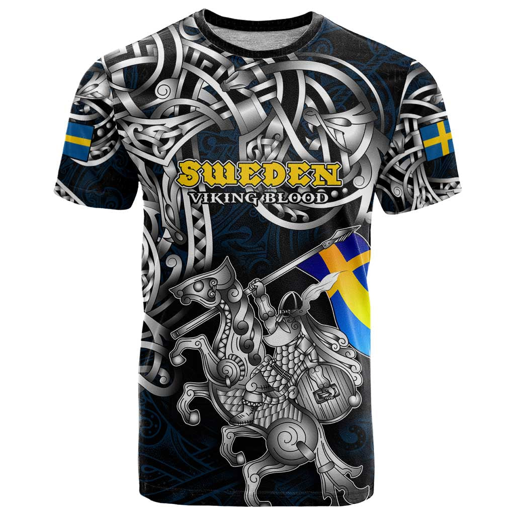 Personalized Sweden Viking Blood T-Shirt Nordic Runes and Shield of Ancestry in Tribal Knotwork Graphic Tee