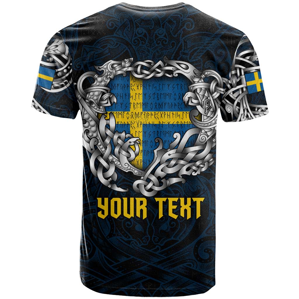 Personalized Sweden Viking Blood T-Shirt Nordic Runes and Shield of Ancestry in Tribal Knotwork Graphic Tee