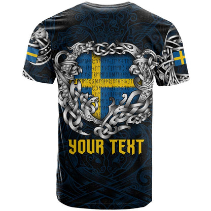 Personalized Sweden Viking Blood T-Shirt Nordic Runes and Shield of Ancestry in Tribal Knotwork Graphic Tee