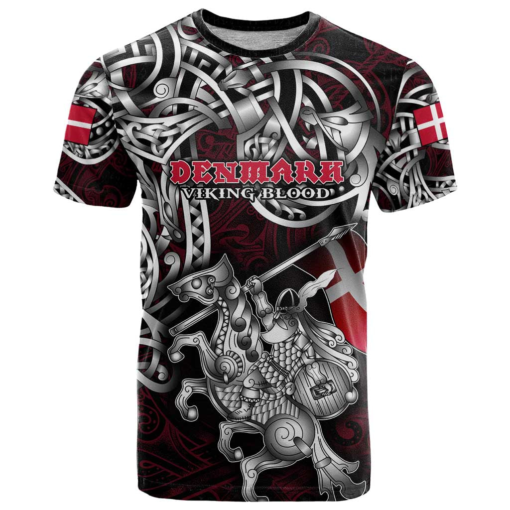 Personalized Denmark Viking Blood T-Shirt Nordic Runes and Shield of Ancestry in Tribal Knotwork Graphic Tee