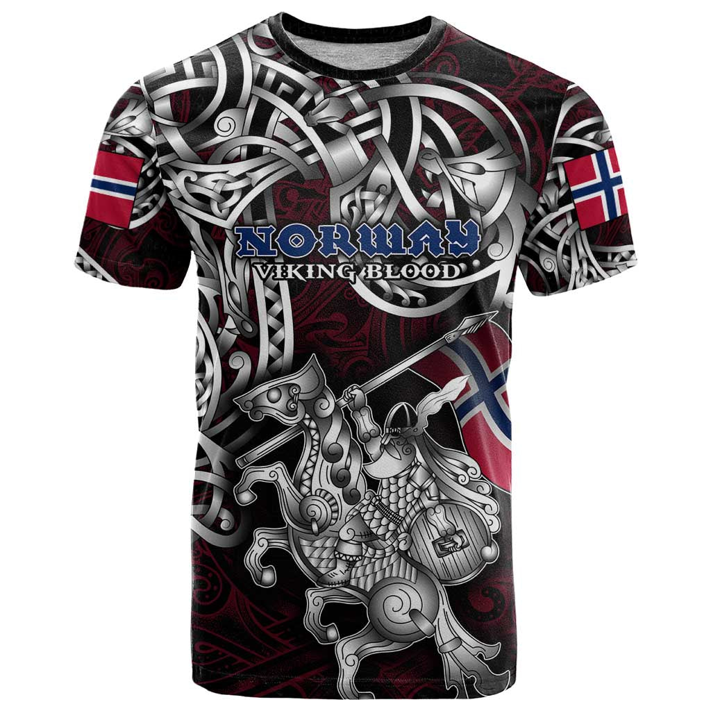 Personalized Norway Viking Blood T-Shirt Nordic Runes and Shield of Ancestry in Tribal Knotwork Graphic Tee
