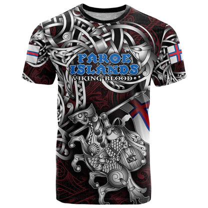 Personalized Faroe Islands Viking Blood T-Shirt Nordic Runes and Shield of Ancestry in Tribal Knotwork Graphic Tee