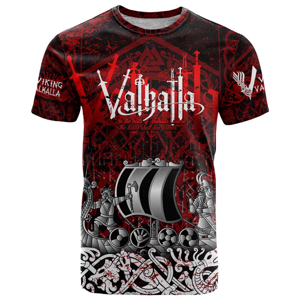 Blood Flows to Valhalla T-Shirt Viking Longship Nordic Knotwork - Dark Mythology Graphic Tee