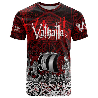 Blood Flows to Valhalla T-Shirt Viking Longship Nordic Knotwork - Dark Mythology Graphic Tee