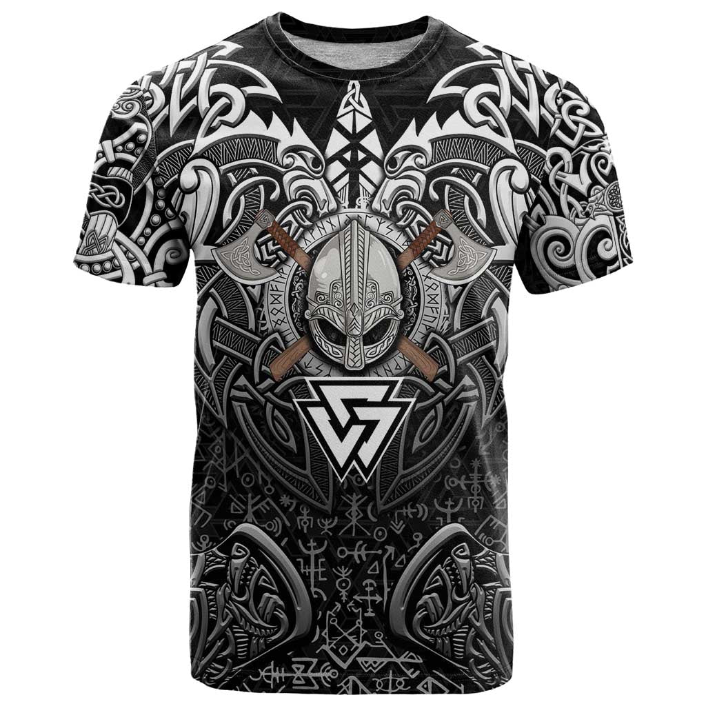 Scandinavian Viking T-Shirt Norse Warrior Sigil - Helmet and Battle Axes Graphic Tee