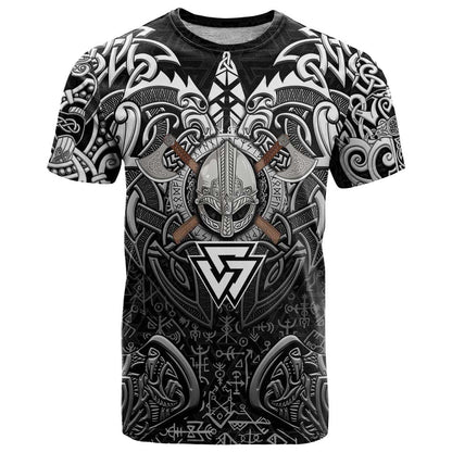 Scandinavian Viking T-Shirt Norse Warrior Sigil - Helmet and Battle Axes Graphic Tee