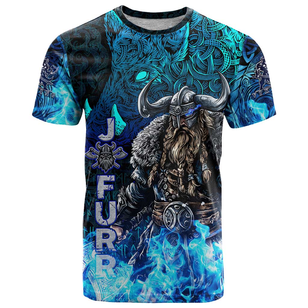 Jofurr Boar Warrior Viking T-Shirt Frost Viking Runes Blue Flame Graphic Tee