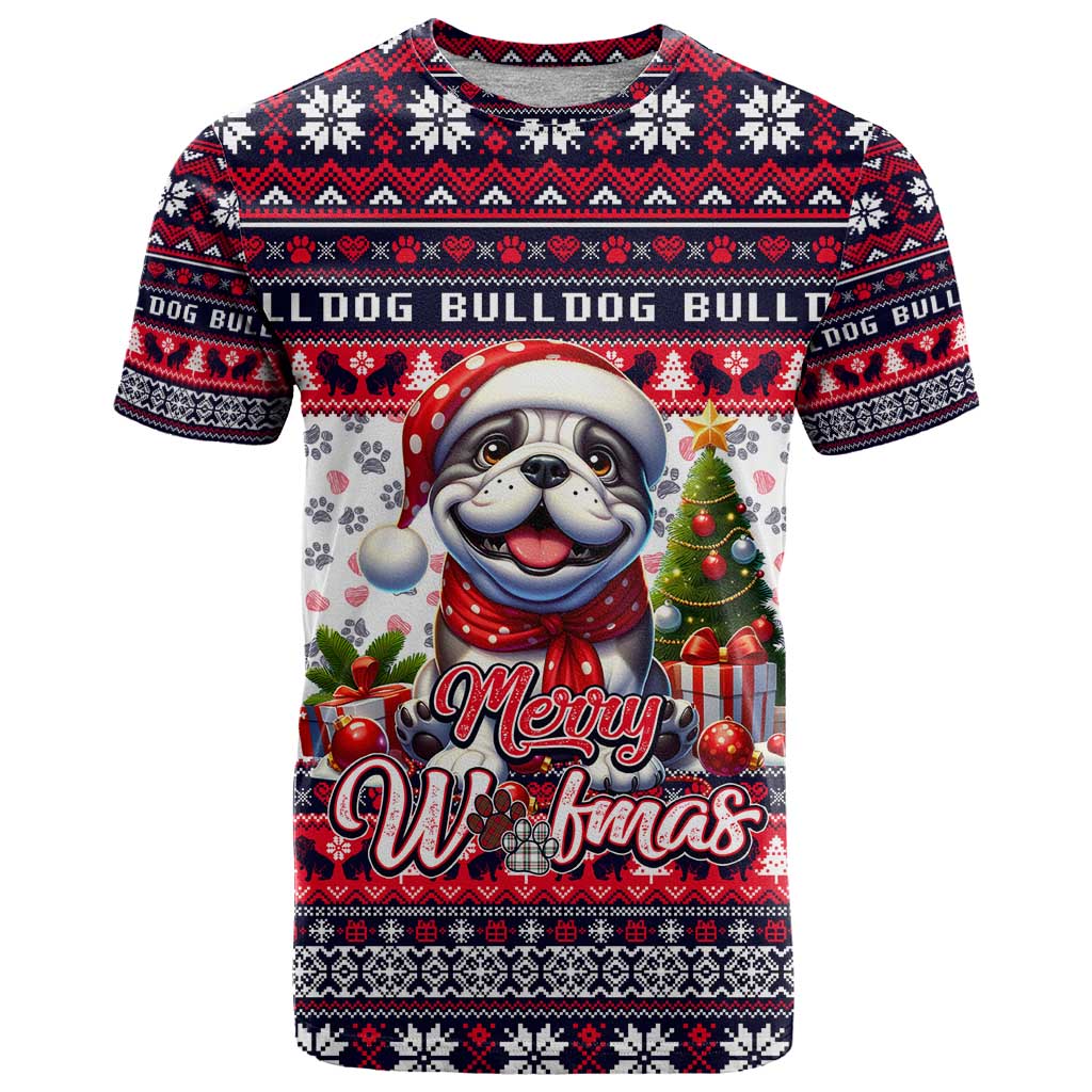 Bulldog Merry Woofmas T-Shirt Christmas Dog Art Style Graphic Tee