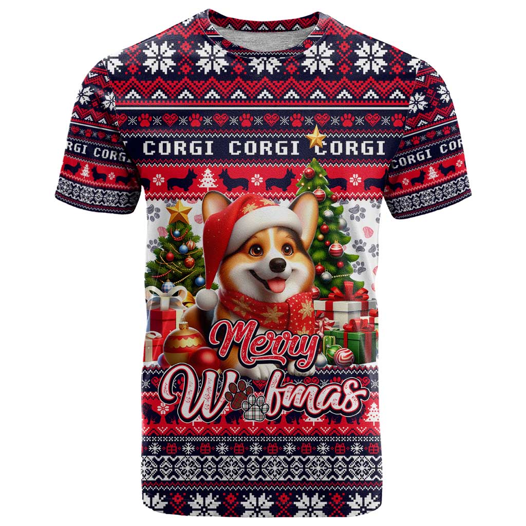 Corgi Merry Woofmas T-Shirt Christmas Dog Art Style Graphic Tee