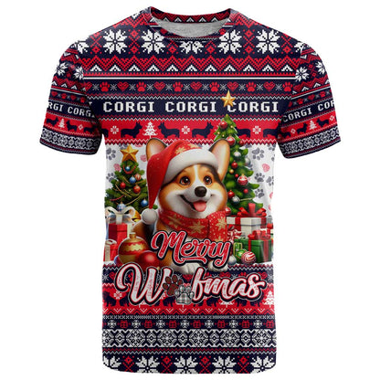 Corgi Merry Woofmas T-Shirt Christmas Dog Art Style Graphic Tee
