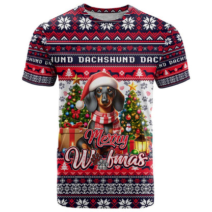 Dachshund Merry Woofmas T-Shirt Christmas Dog Art Style Graphic Tee