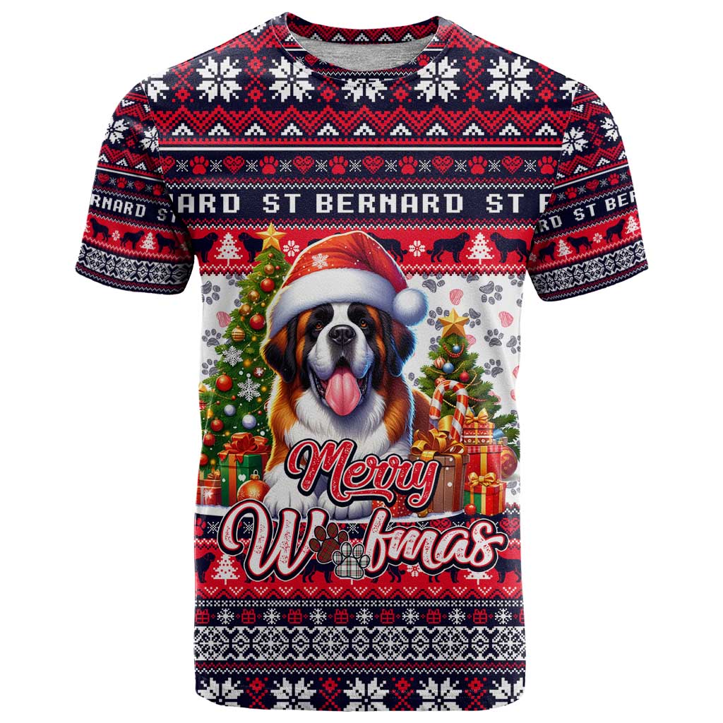 Saint Bernard Merry Woofmas T-Shirt Christmas Dog Art Style Graphic Tee