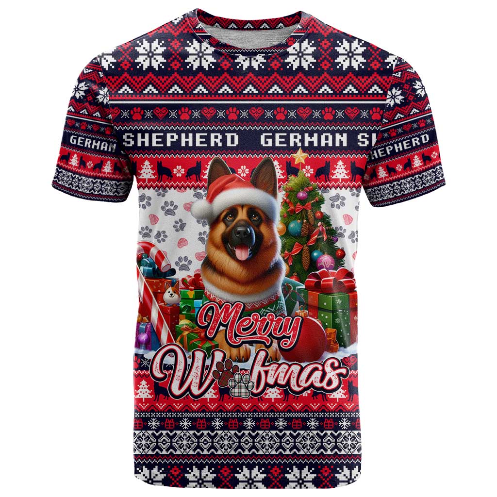 German Shepherd Merry Woofmas T-Shirt Christmas Dog Art Style Graphic Tee