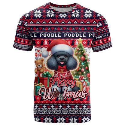 Poodle Merry Woofmas T-Shirt Christmas Dog Art Style Graphic Tee