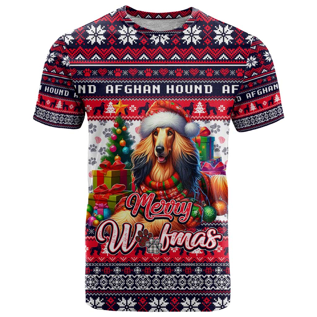 Afghan Hound Merry Woofmas T-Shirt Christmas Dog Art Style Graphic Tee