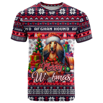 Afghan Hound Merry Woofmas T-Shirt Christmas Dog Art Style Graphic Tee
