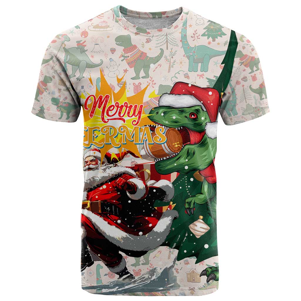 Cheer Santa Claus T-Rex T-Shirt Merry Beermas Christmas Graphic Tee
