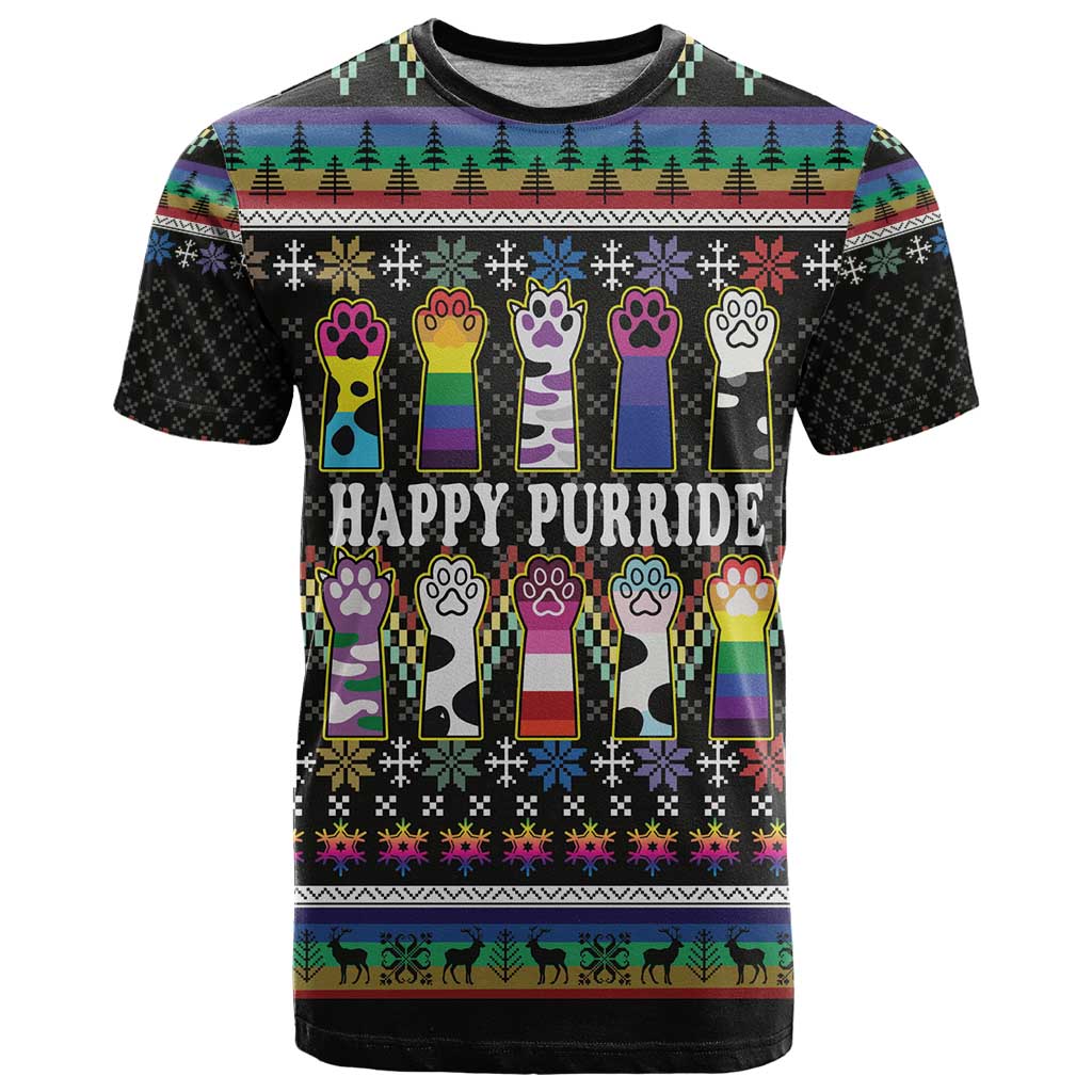 Pride Cat LGBT T-Shirt Happy Purride Christmas - Cute Pet Rainbow Flag Graphic Tee