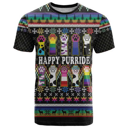 Pride Cat LGBT T-Shirt Happy Purride Christmas - Cute Pet Rainbow Flag Graphic Tee
