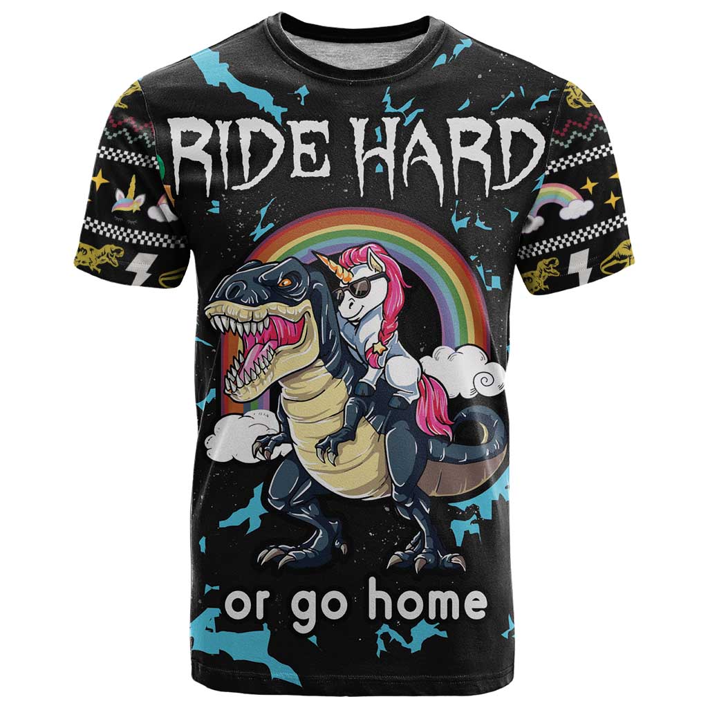 Christmas Dinosaur Unicorn T-Shirt Ride Hard or Go Home Graphic Tee