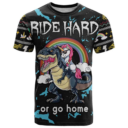 Christmas Dinosaur Unicorn T-Shirt Ride Hard or Go Home Graphic Tee
