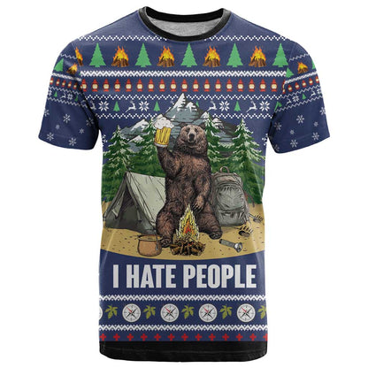 Bear Christmas T-Shirt Camping I Hate People Graphic Tee