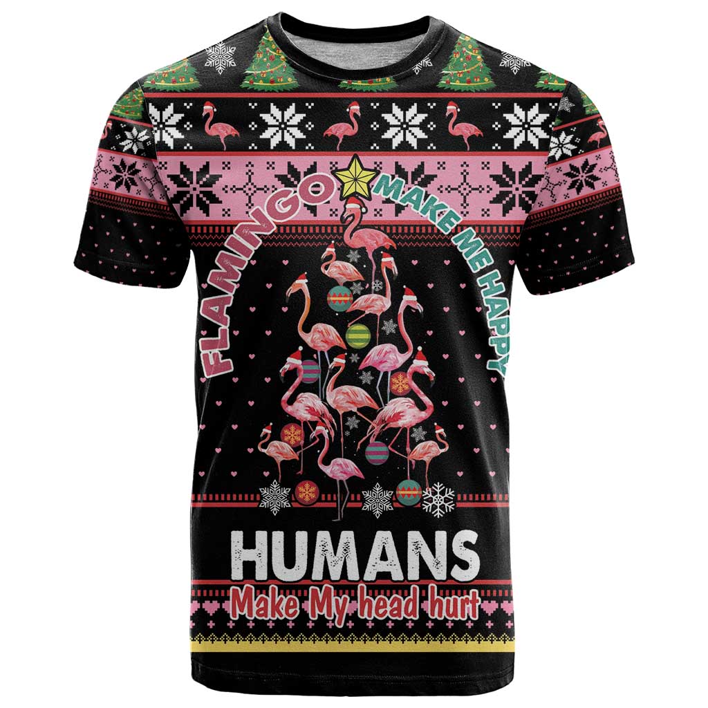 Flamingo Make Me Happy Christmas Tree T-Shirt Human Make My Head Hurt Graphic Tee