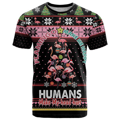 Flamingo Make Me Happy Christmas Tree T-Shirt Human Make My Head Hurt Graphic Tee