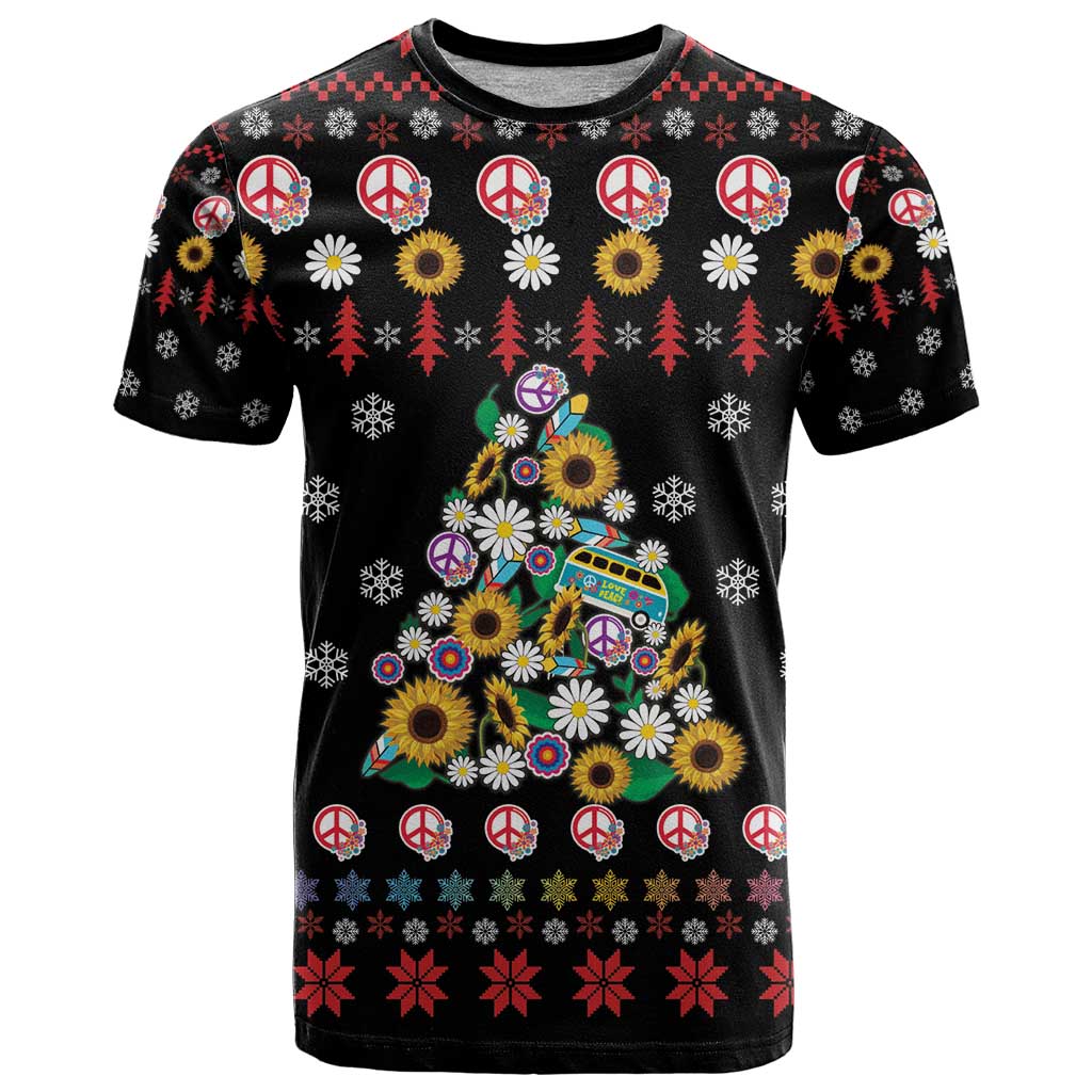 Hippie Xmas T-Shirt Hippie Flower Christmas Tree Graphic Tee