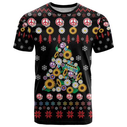 Hippie Xmas T-Shirt Hippie Flower Christmas Tree Graphic Tee