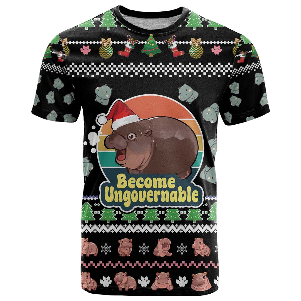 Christmas Become Ungovernable Moo Deng T-Shirt Humor Cute Baby Hippo Joke Graphic Tee