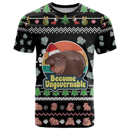 Christmas Become Ungovernable Moo Deng T-Shirt Humor Cute Baby Hippo Joke Graphic Tee