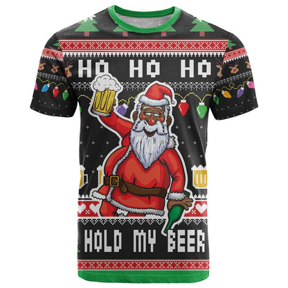 Ho Ho Ho Hold My Beer Santa African T-Shirt Laugh With Beer On Christmas Graphic Tee