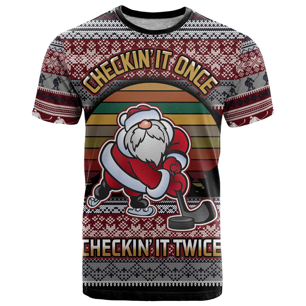 Hockey Checking It Once Checking It Twice T-Shirt Santa Playing Ice Hockey Christmas Graphic Tee