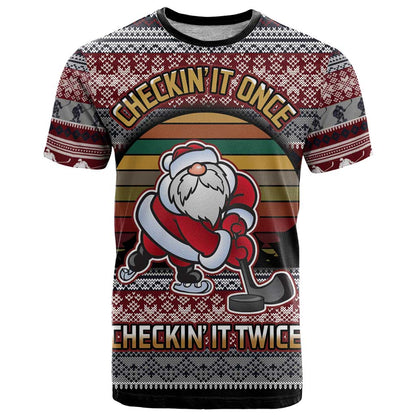 Hockey Checking It Once Checking It Twice T-Shirt Santa Playing Ice Hockey Christmas Graphic Tee