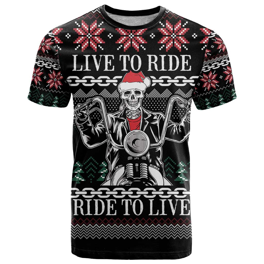 Live To Ride Motorbike Skeleton T-Shirt Biker Skull Christmas Graphic Tee