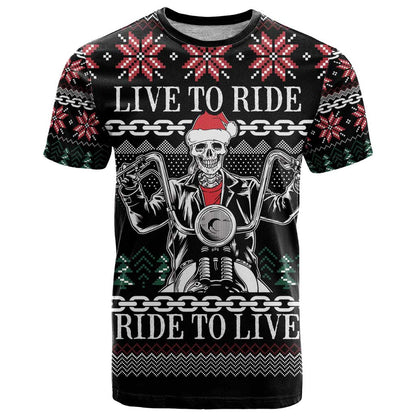 Live To Ride Motorbike Skeleton T-Shirt Biker Skull Christmas Graphic Tee