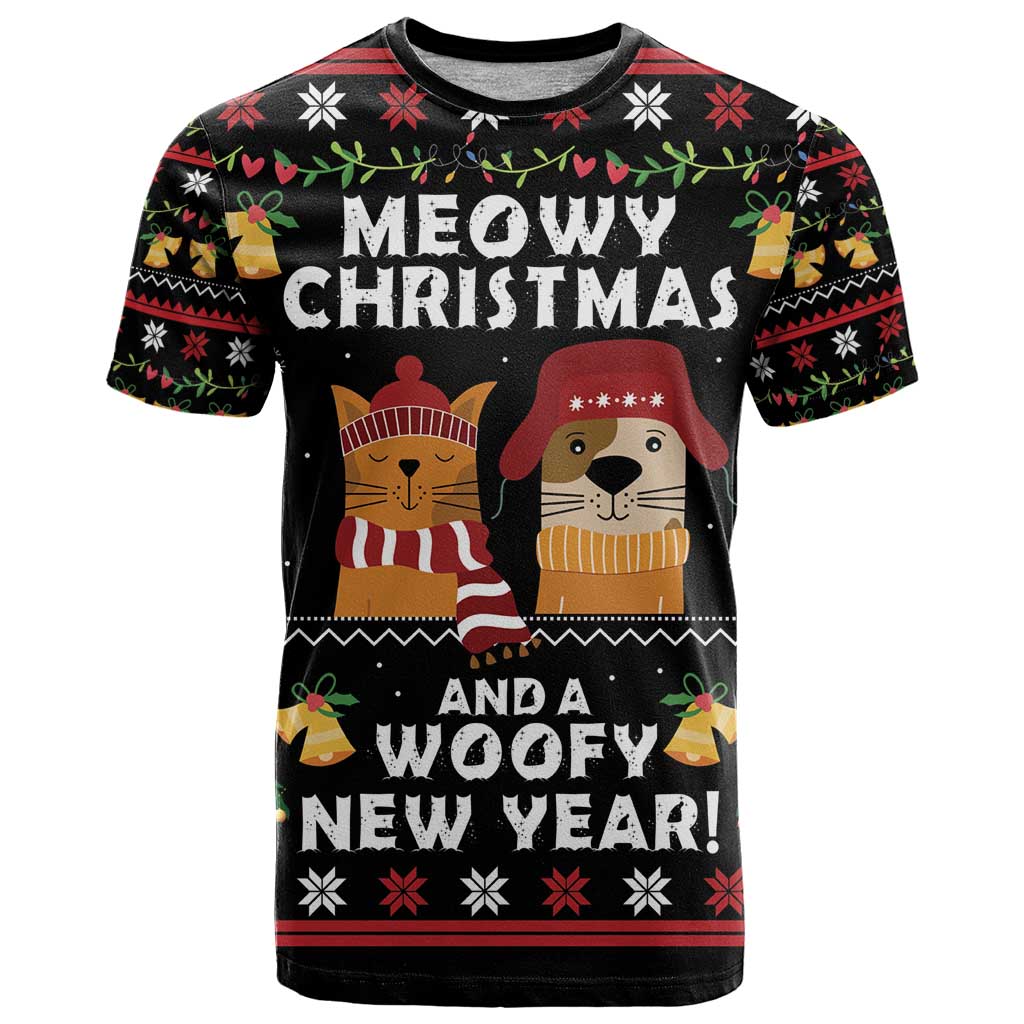 Meowy Christmas And Woofy New Year T-Shirt Graphic Tee