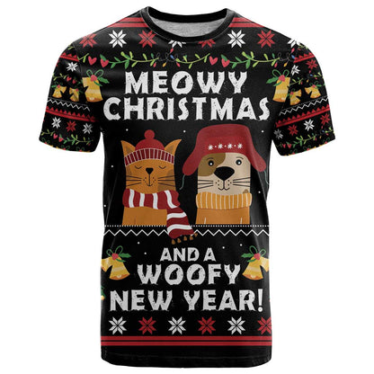 Meowy Christmas And Woofy New Year T-Shirt Graphic Tee